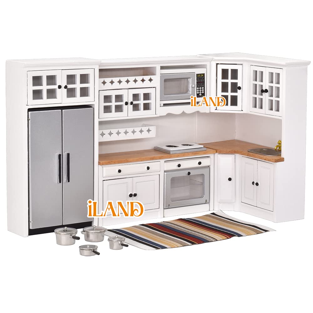iLAND Dollhouse Furniture and Accessories Set Dollhouse Kitchen Modern Kit, Complete Miniature Cabinets Oven Refrigerator with Cookware fit 1/12 Scale