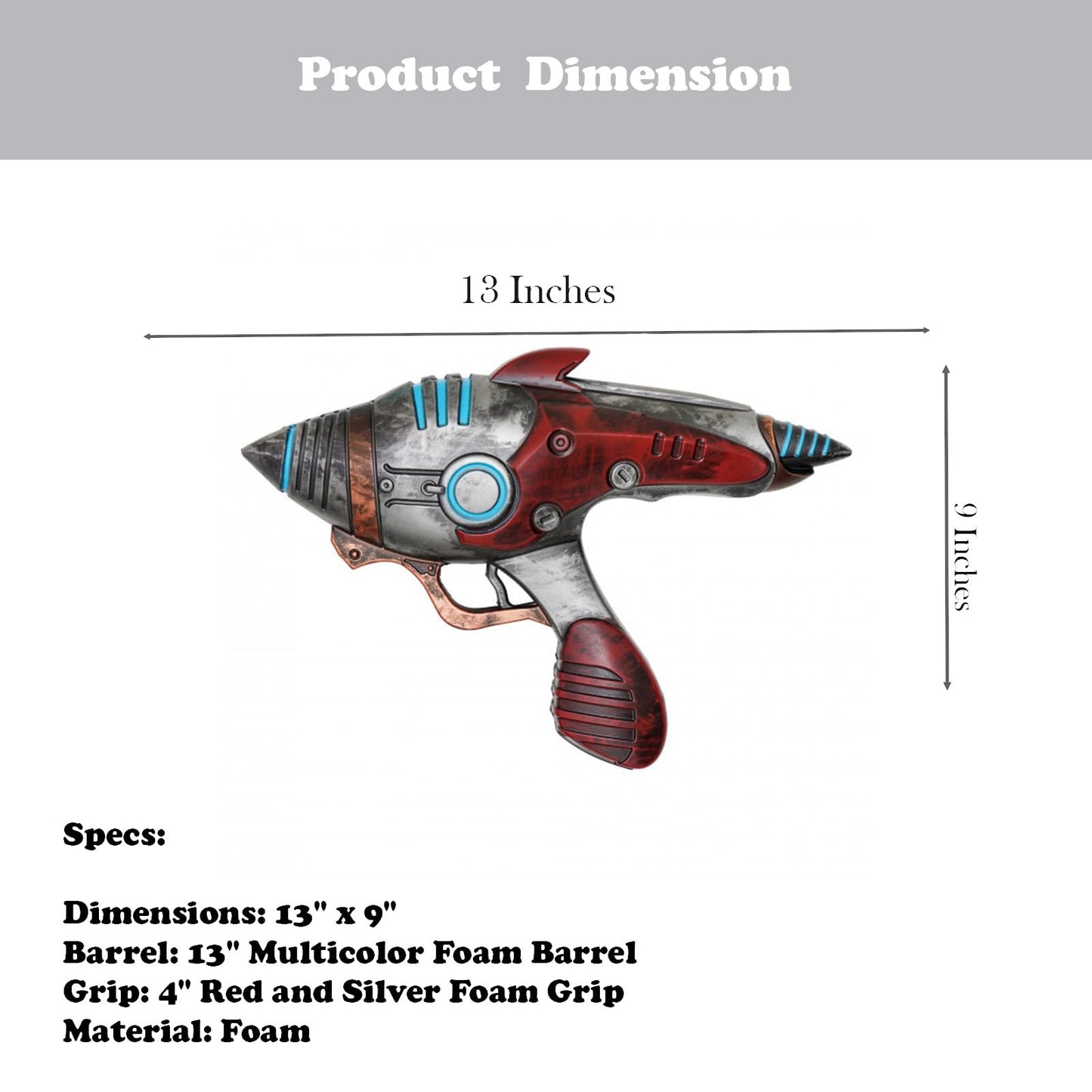 Hub's Alien Blaster Replica Foam Gun - Sci-Fi Retro Ray Gun Toy for Cosplay, Halloween, Display & Collectors - 13" Multicolor Barrel with Red & Silver