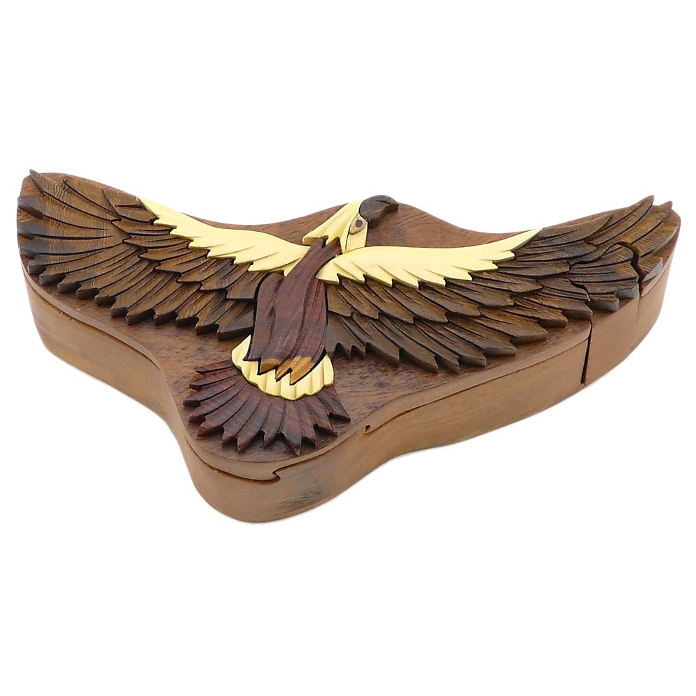Hawk Intarsia Wooden Puzzle Box - Handcrafted Natural Wood Keepsake with Secret Compartment - Unique Gift