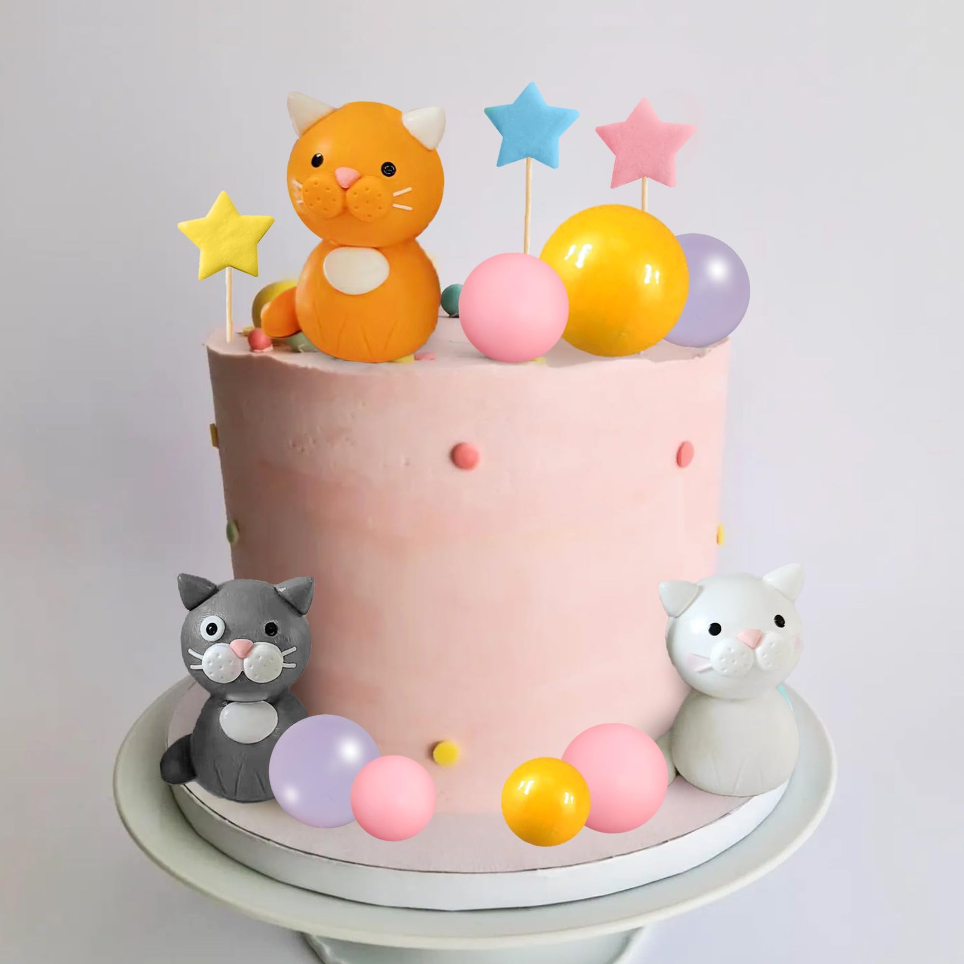 Cat Cake Toppers Clay Figurines Yellow Pink Purple Ball Cake Decorations for Cat Theme Birthday (Style 01)