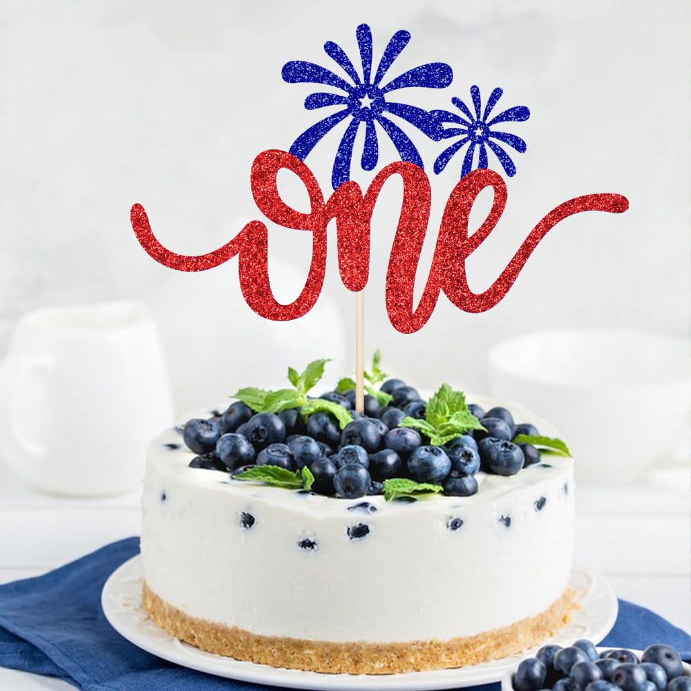 One Cake Topper Red & White & Blue Glitter- 4th of July 1st Birthday Decorations,4th of July Baby Shower Decor/American National Independence Day