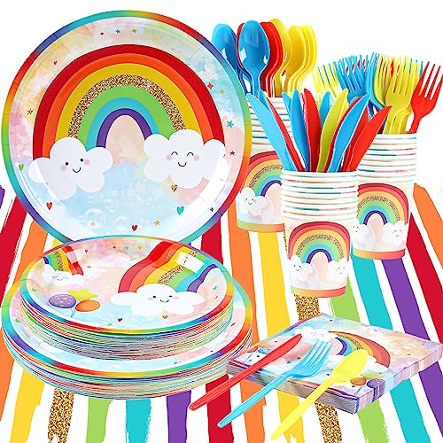 Rainbow Party Supplies, Happy Birthday Decorations for Girls & Boys -169pcs Rainbow Party Tableware Set Include 9" and 7" Party Plates and Napkins