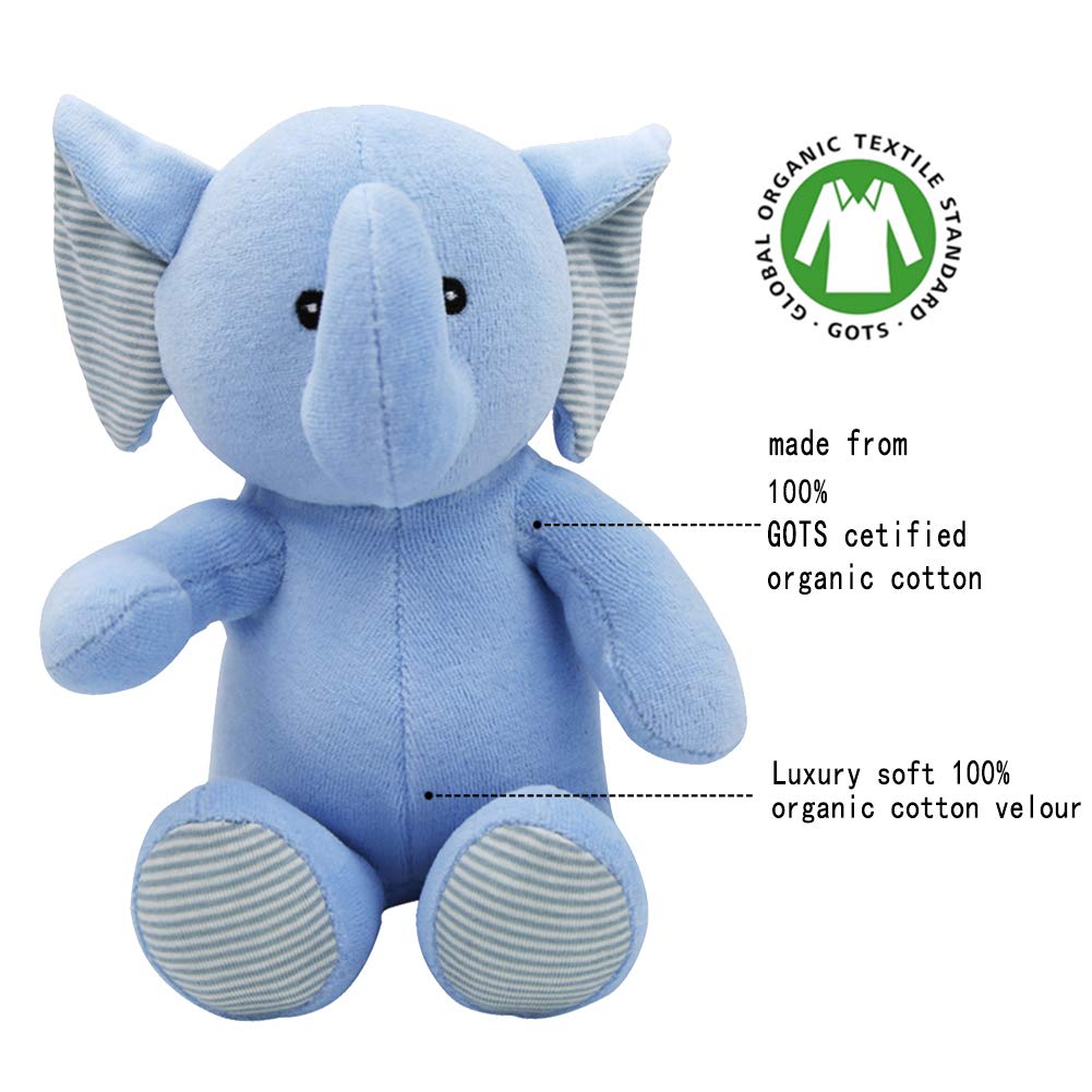 Organic Cotton Elephant Stuffed Animals Soft Plush Toy for Baby Girls Boys,7.9" Soft Small Stuffed Elephant Huggable Gifts for Birthday (Blue)
