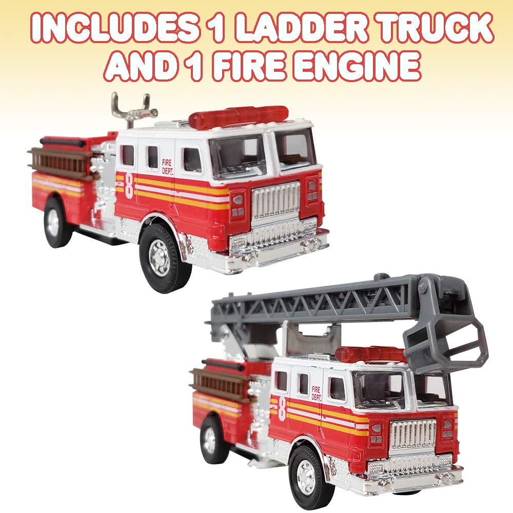 ArtCreativity 5.5 Inch Fire Truck Toys - Set of 2 - Pull Back Firetruck Toys 3-5 Years Old Boys and Girls - Includes Metal Ladder Truck and Fire