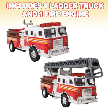 ArtCreativity 5.5 Inch Fire Truck Toys - Set of 2 - Pull Back Firetruck Toys 3-5 Years Old Boys and Girls - Includes Metal Ladder Truck and Fire