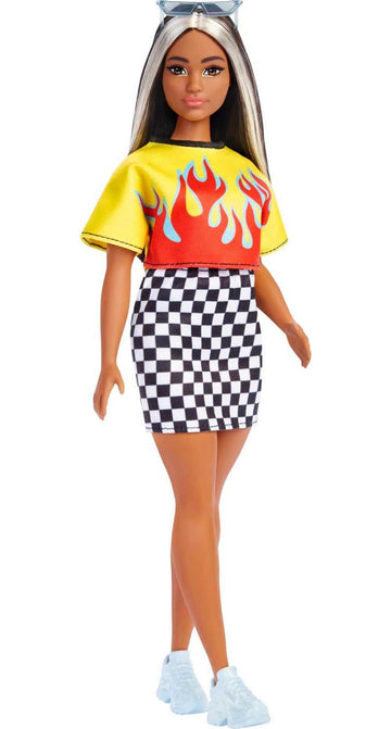 Barbie Fashionistas Doll #179, Curvy with Long Highlighted Hair, Flame Crop Top, Checkered Skirt & Accessories Including Sneakers & Sunglasses