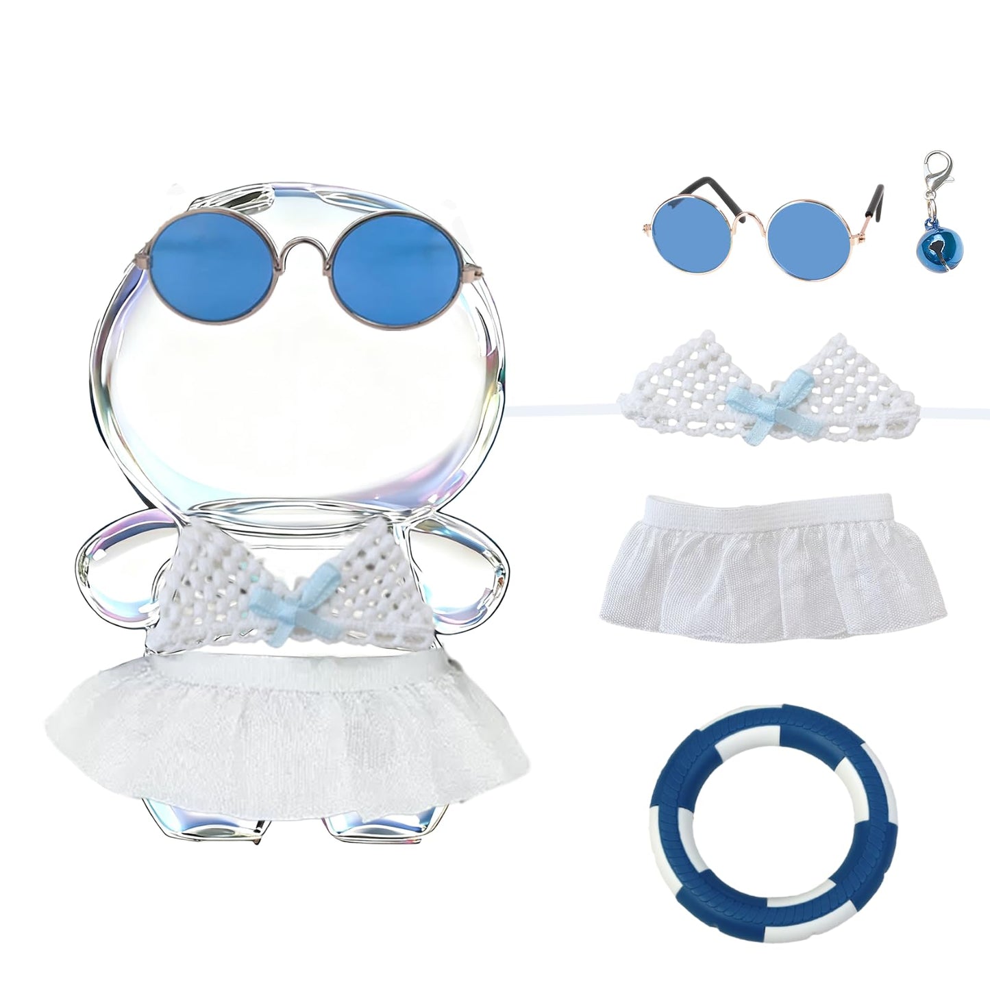 Swimsuit Party for 17cm Doll(No Dolls),5-Piece Set Including Clothes, Skirt, Blue Glasses, Blue Swimming Ring and Bell, Swimsuit Set, hot Party Style