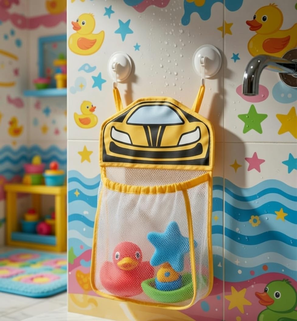 FLXTRACK Race Car Bath Toy Organizer, Mesh Storage Bag for Kids