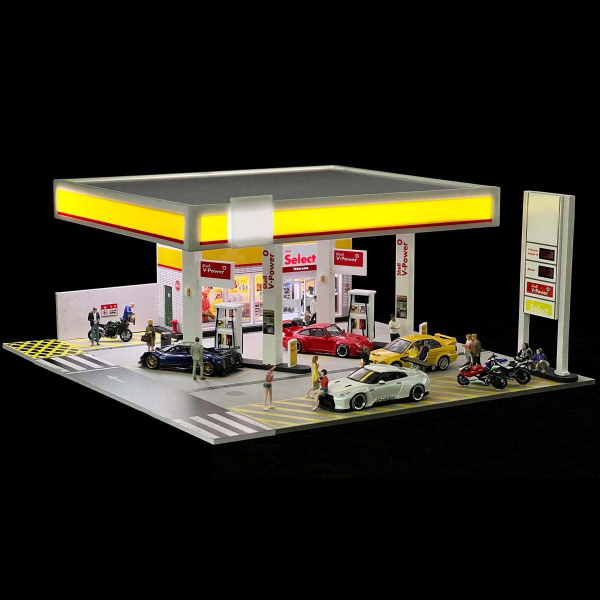 Heligotech 1/64 Scale Gas Station Scene Model, DIY Building Diorama Model Station Building Sets with LED Lights, Creative (Cars & Figures not