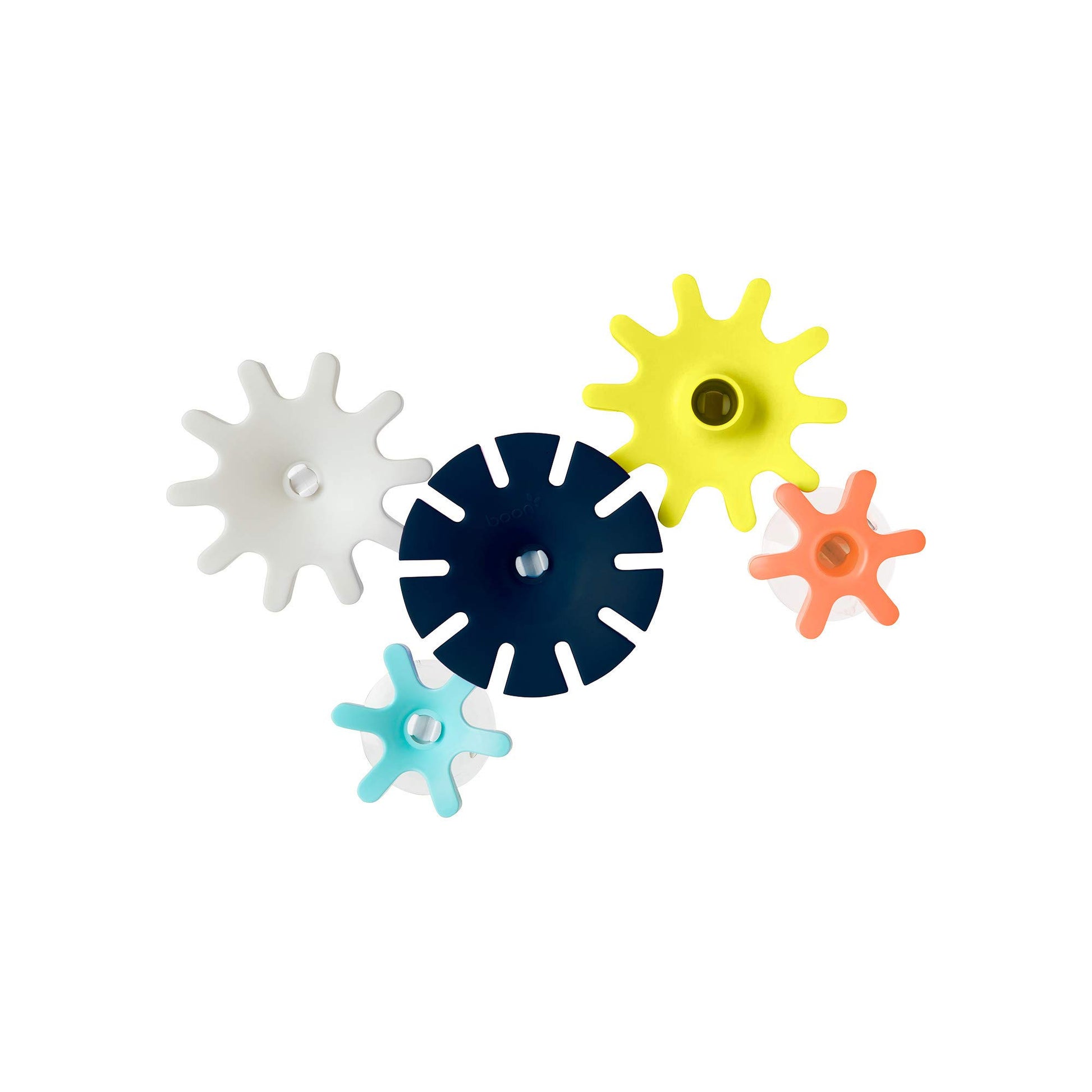 Boon Cogs Baby Bath Toys - Spinning Gear Themed Sensory Baby Toys for Bathtub - Suction Toys for Bathtub Walls - Navy and Yellow - 5 Count - Ages 12