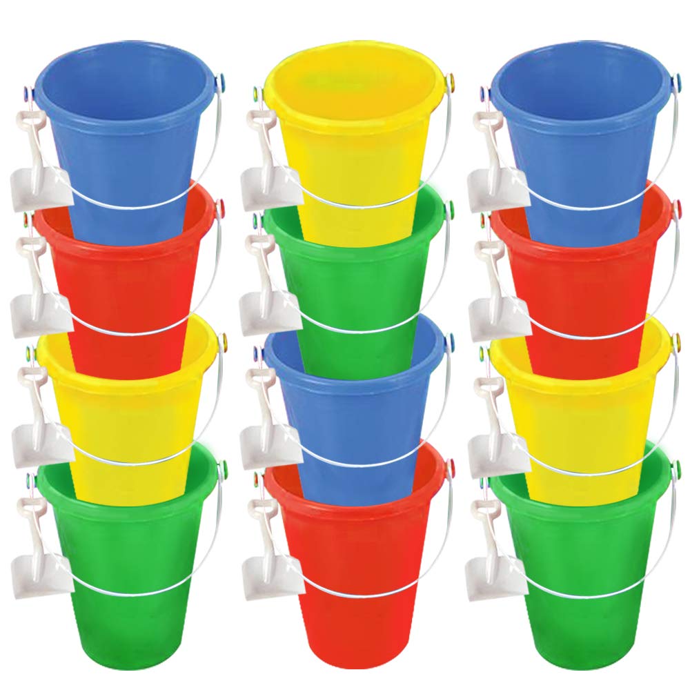 ArtCreativity 6 Inch Mini Plastic Beach Bucket and Shovel Set - Pack of 12 - Assorted Colors Buckets and White Shovels - Summer Beach Toys - Practical