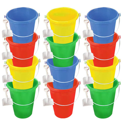 ArtCreativity 6 Inch Mini Plastic Beach Bucket and Shovel Set - Pack of 12 - Assorted Colors Buckets and White Shovels - Summer Beach Toys - Practical