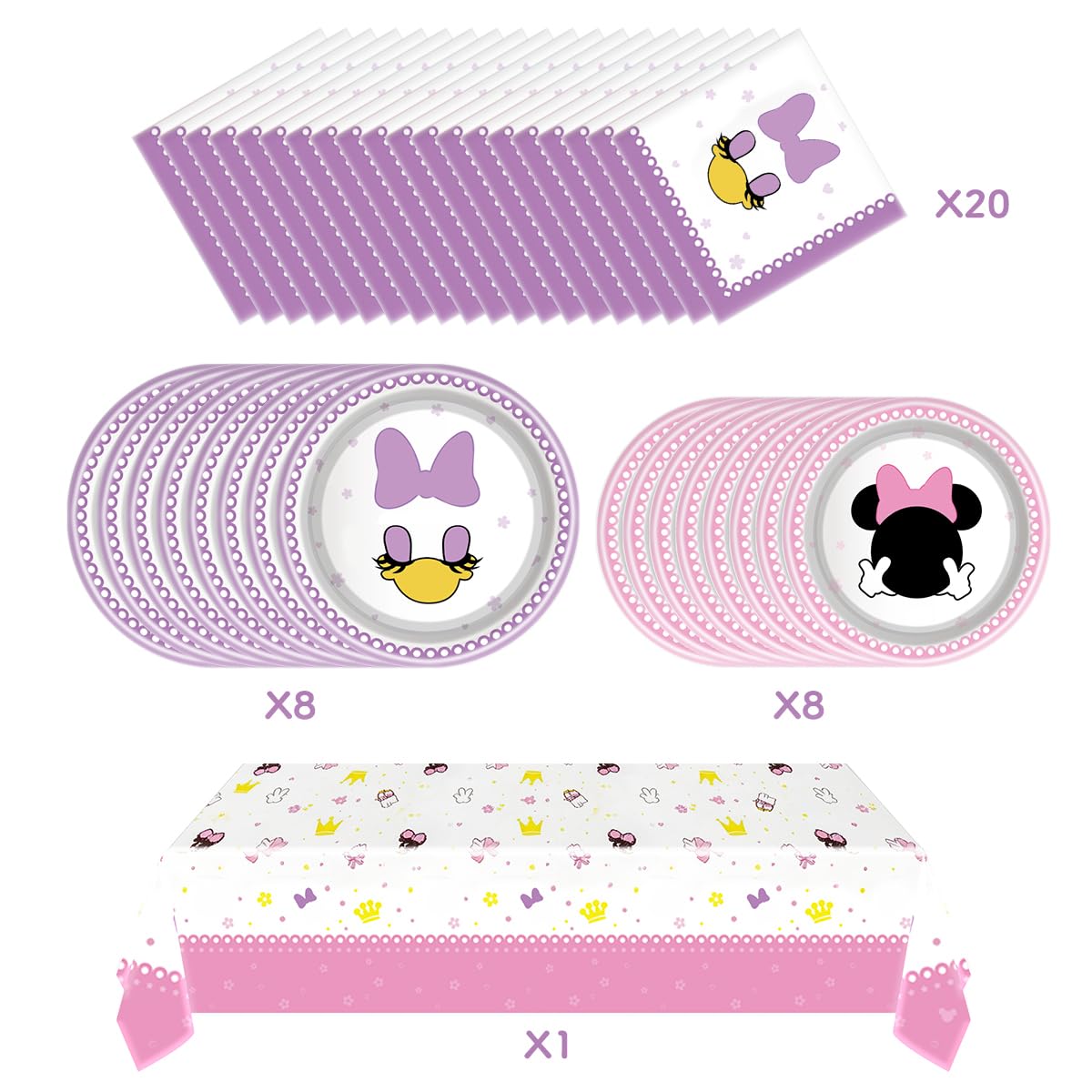 Party Tableware For Cute Mouse,16 pcs Paper Plates (8pcs 9 inch and 8pcs 7inch)-20 Napkin and Table Cloth 86” x 52”,Girl Cute Mouse Birthday Party