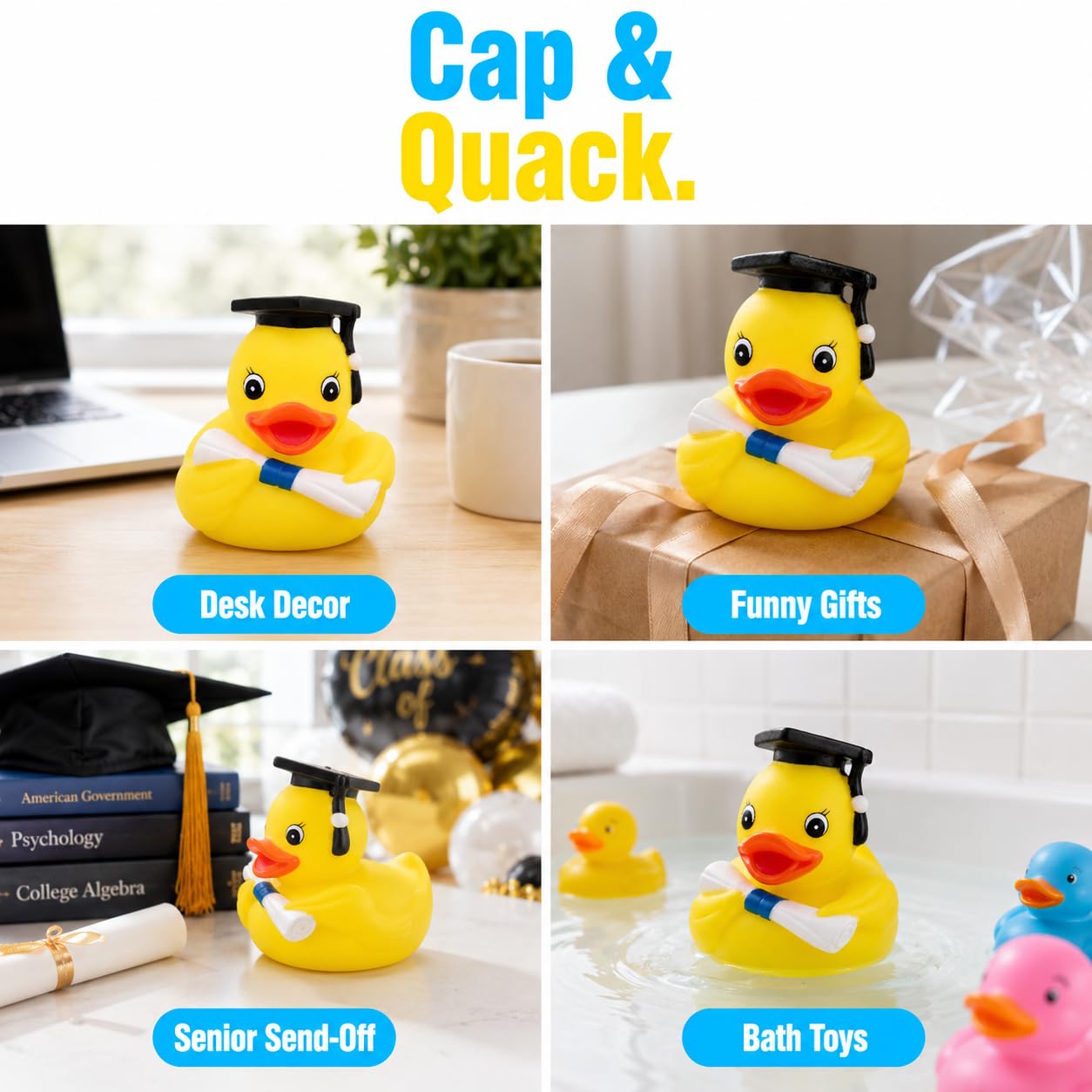 3 Inch DUCKY CITY Class of 2026 Graduation Rubber Duck | Squeaky Cap and Gown Grad Duck for College High School Senior Student | Graduation Gift, Cake
