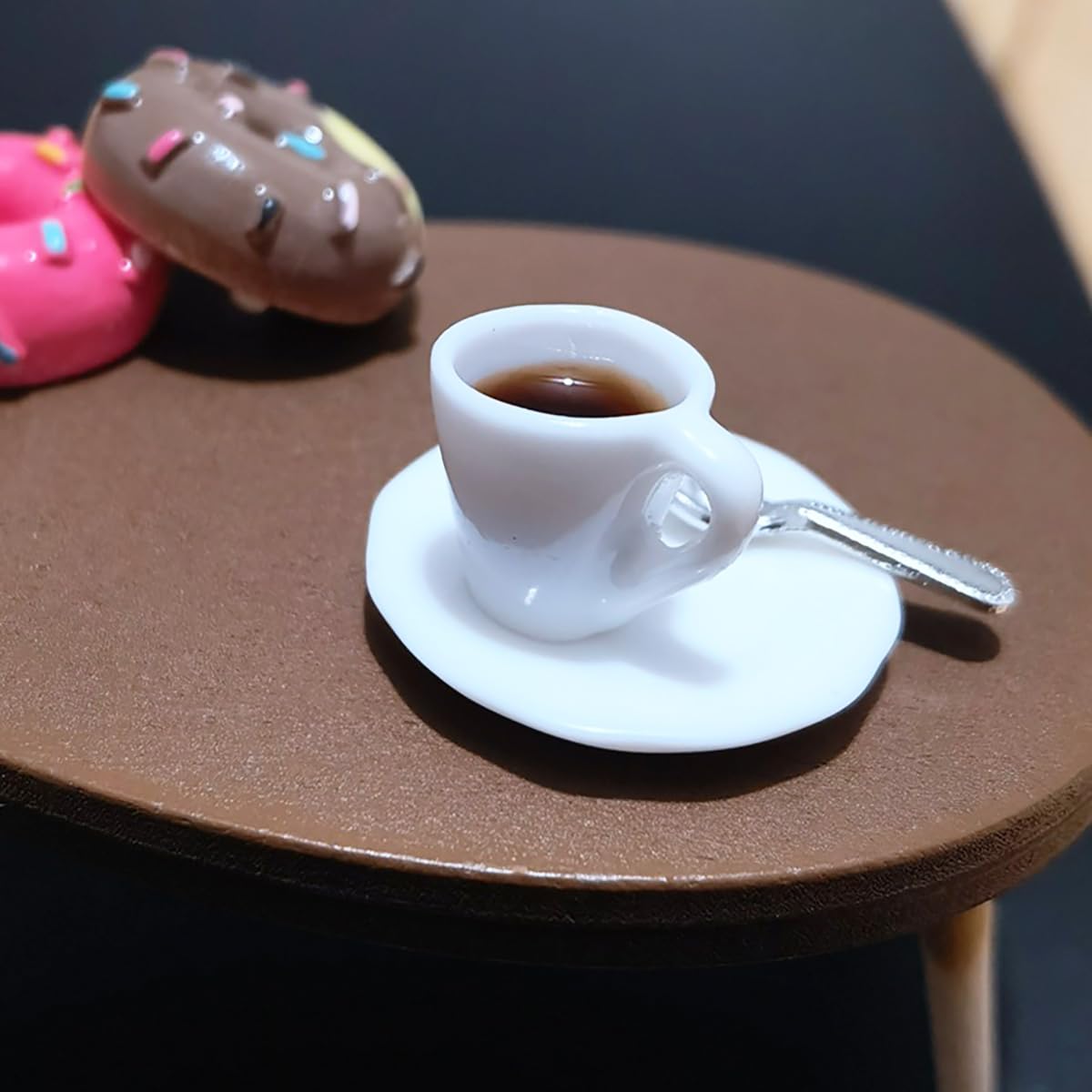 1:12 Scale Miniature Coffee Cup with Spoon and Plate - 1 Set Dollhouse Scene Accessory for DIY Summer Table Setting, Desktop Display, Realistic Resin