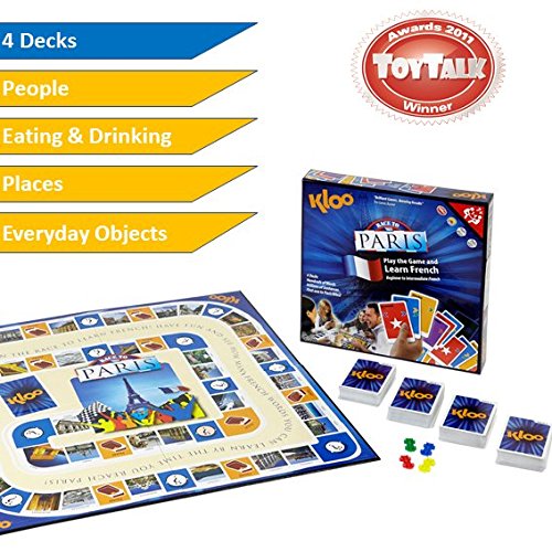 KLOO Learn French Board & Card Game Race to Paris | Fun for Family Kids Adults School | Play & Talk French Language | 4 Decks, Speak 100's of Words