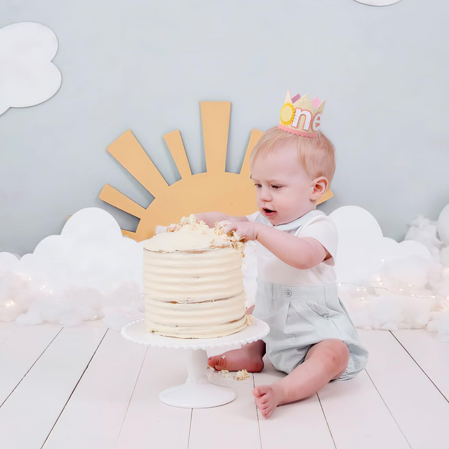 YOUAME Sunshine One Birthday Crown - Pink and Yellow Headwear for Toddlers' First Birthday, Sun Themed Party Decor, You Are My Sunshine Crown