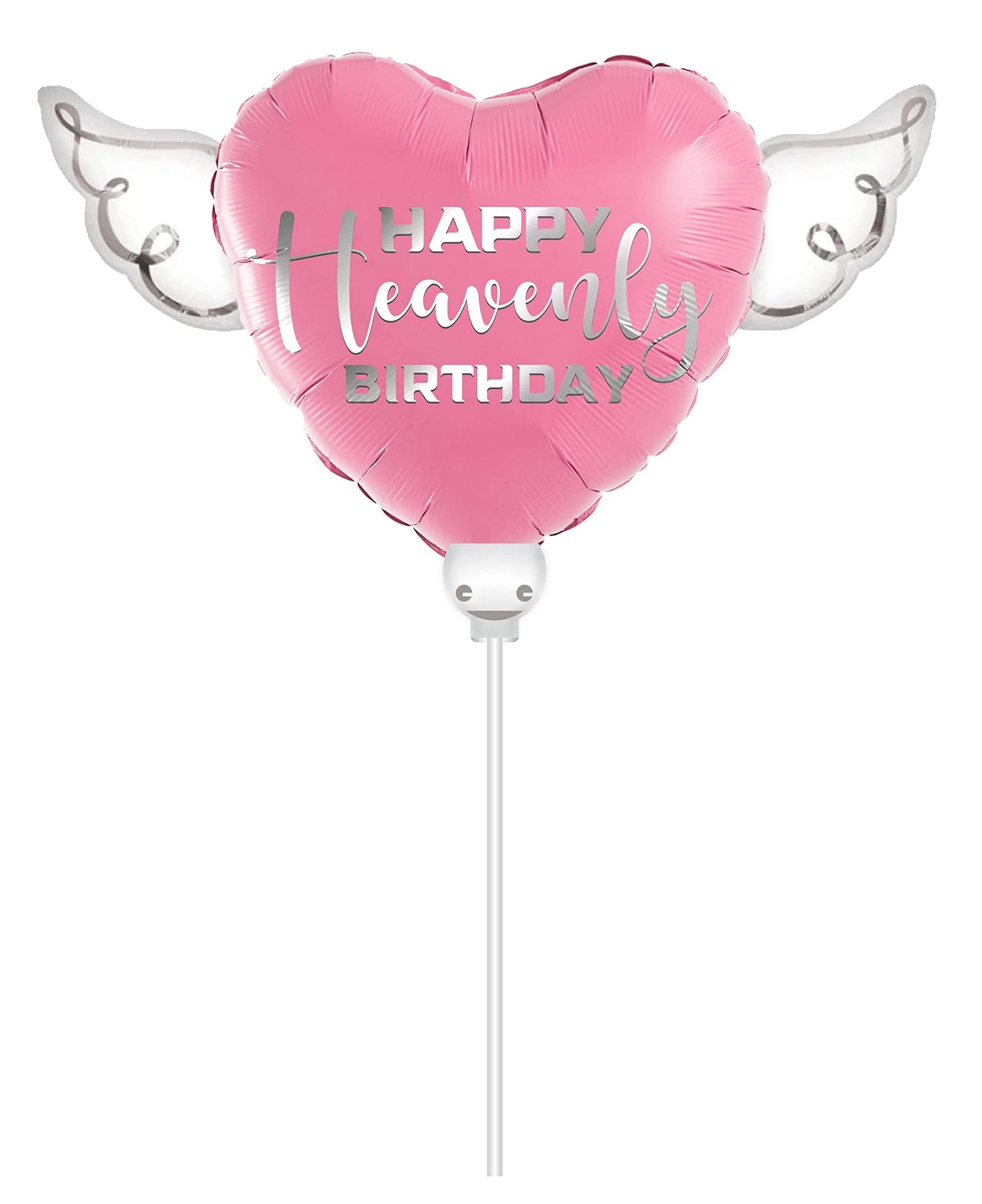 Pink Happy Heavenly Birthday Heart Balloon on a Stick with Angel Wings - Memorial & Remembrance