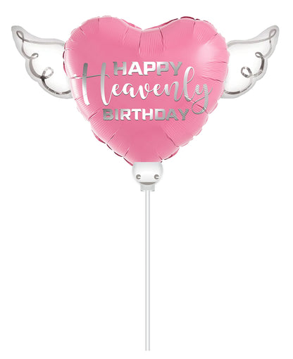 Pink Happy Heavenly Birthday Heart Balloon on a Stick with Angel Wings - Memorial & Remembrance