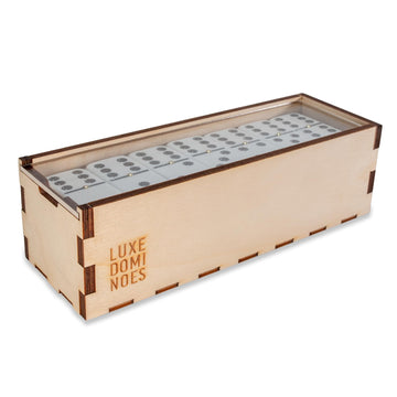 Deluxe Modern Domino Set Double Six, with Jumbo Sized Tournament Dominoes Black and White Two Toned with Spinner (Rivets) in Wood Box with Acrylic Top