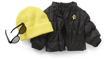 American Girl Truly Me 18-inch Doll Accessories Black Puffer Jacket, Yellow Knit Beanie, and Sunglasses, For Ages 6+