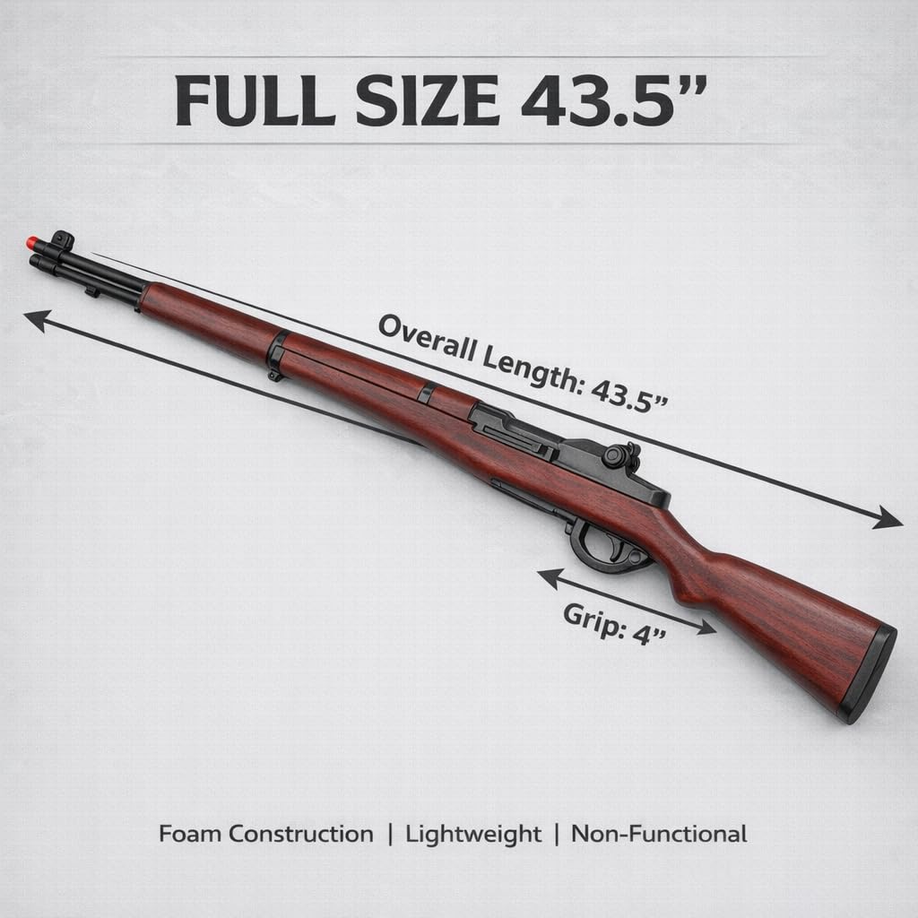 Full Size 43.5" WWII Style Foam M1 Rifle Prop - Wood Texture, Lightweight Non-Functional Military Cosplay Display for Adults