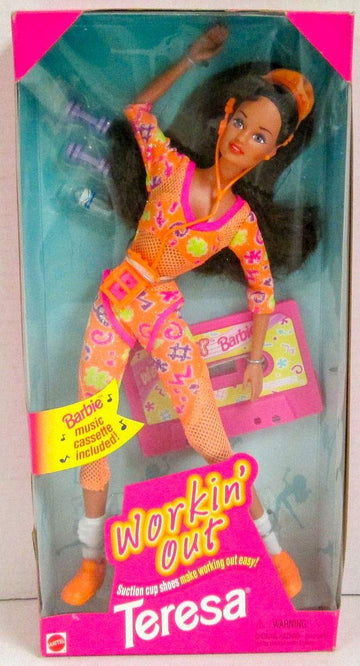 Barbie WORKIN' OUT TERESA DOLL w Suction Cup SHOES, Barbie MUSIC CASSETTE & More (1996)