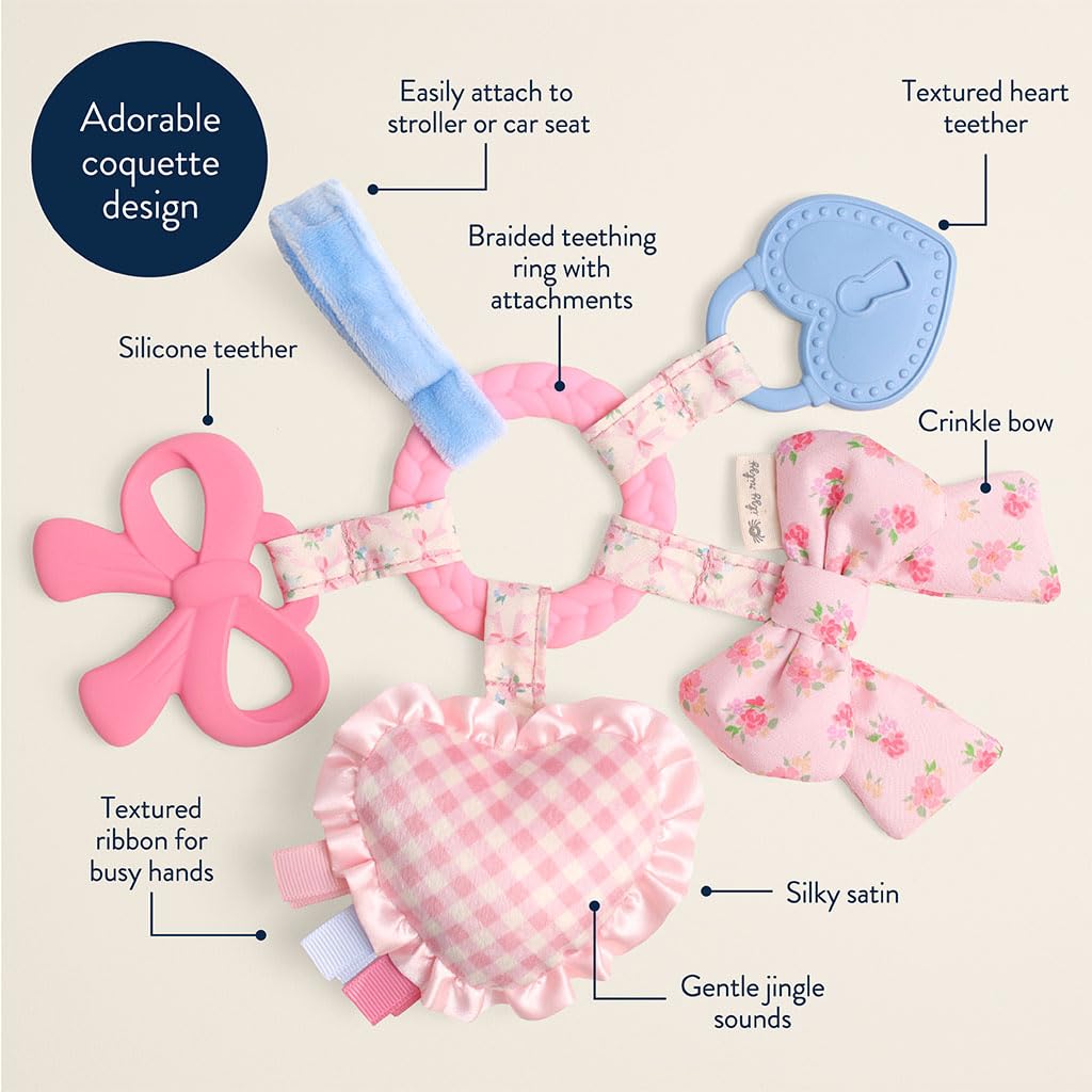 Itzy Ritzy Teething Activity Toy - Bitzy Busy Ring Infant Teething Toy Features Braided Teether & Dangling Toys, Includes Textured Ribbons, Crinkle
