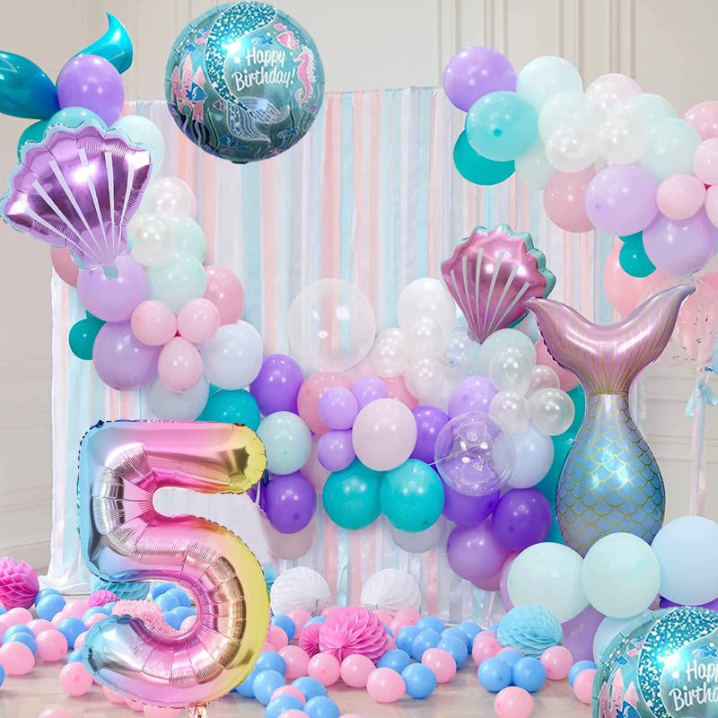 Mermaid Birthday Decoration Mermaid Balloons Kit Sea Balloon Tail Foil Balloon for Girls Party Decoration (Number 5)