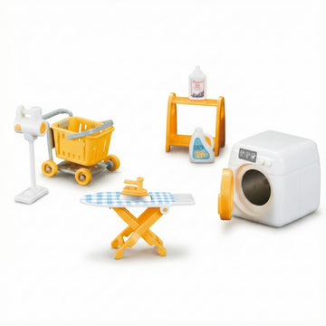 OLEOCA Family Dollhouse Laundry Set - Washing Machine, Ironing Board & Iron, Vacuum, Storage Stand & Rolling Cart - Dollhouse Furniture & Accessories