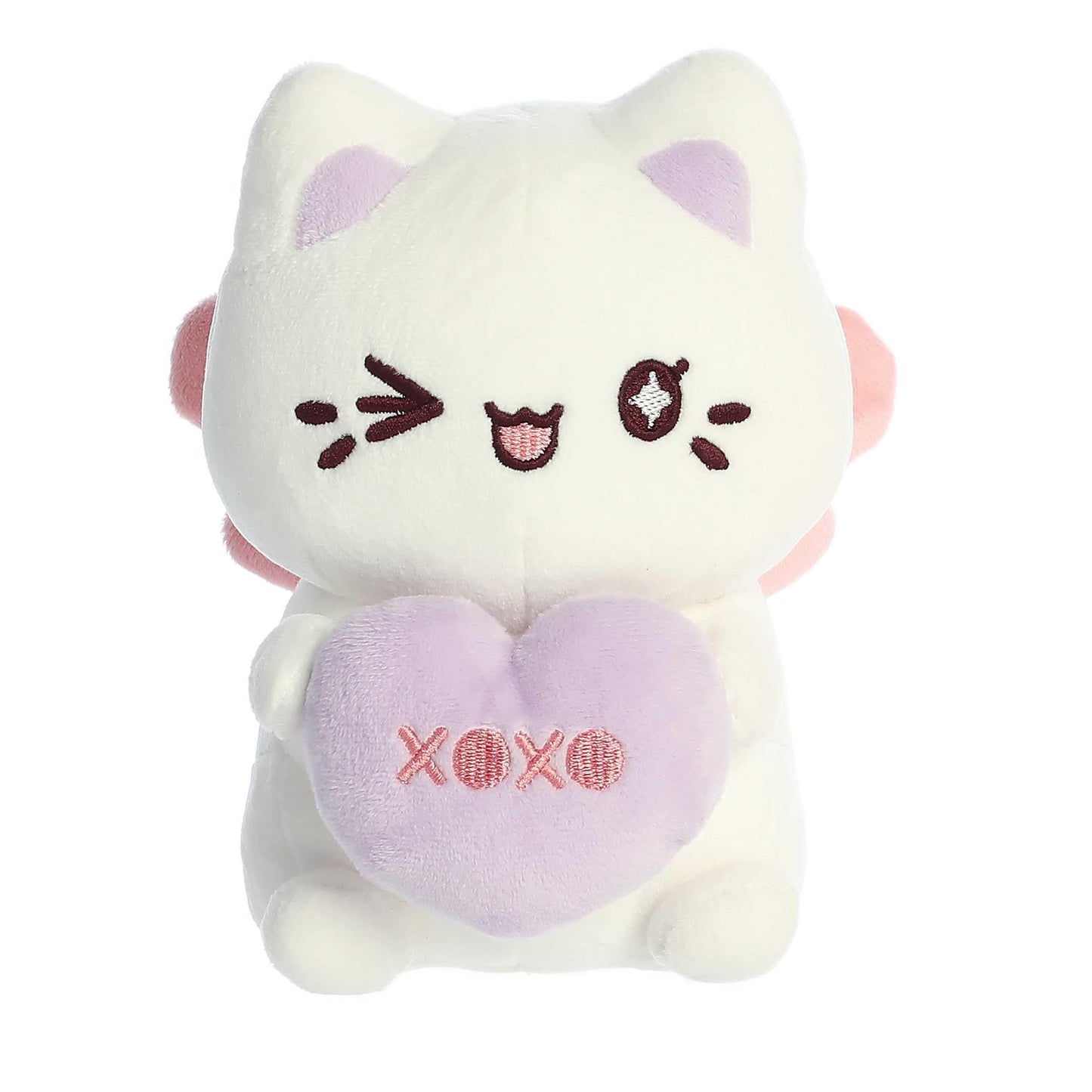 Aurora Enchanting Tasty Peach Candy Heart Sitting Meowchi Stuffed Animal - Bright & Colorful Design - Showpiece Plush - White 7 Inches