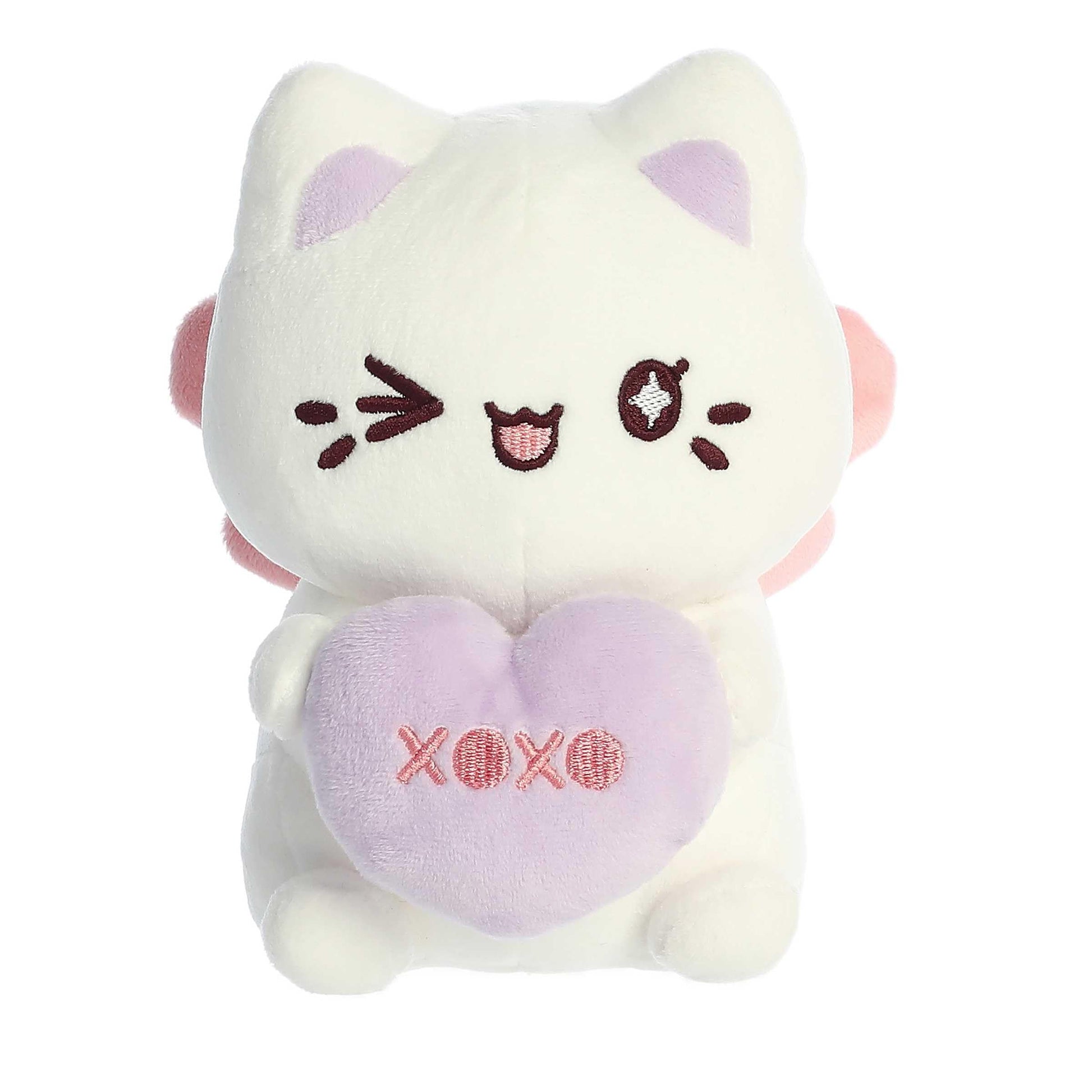 Aurora Enchanting Tasty Peach Candy Heart Sitting Meowchi Stuffed Animal - Bright & Colorful Design - Showpiece Plush - White 7 Inches