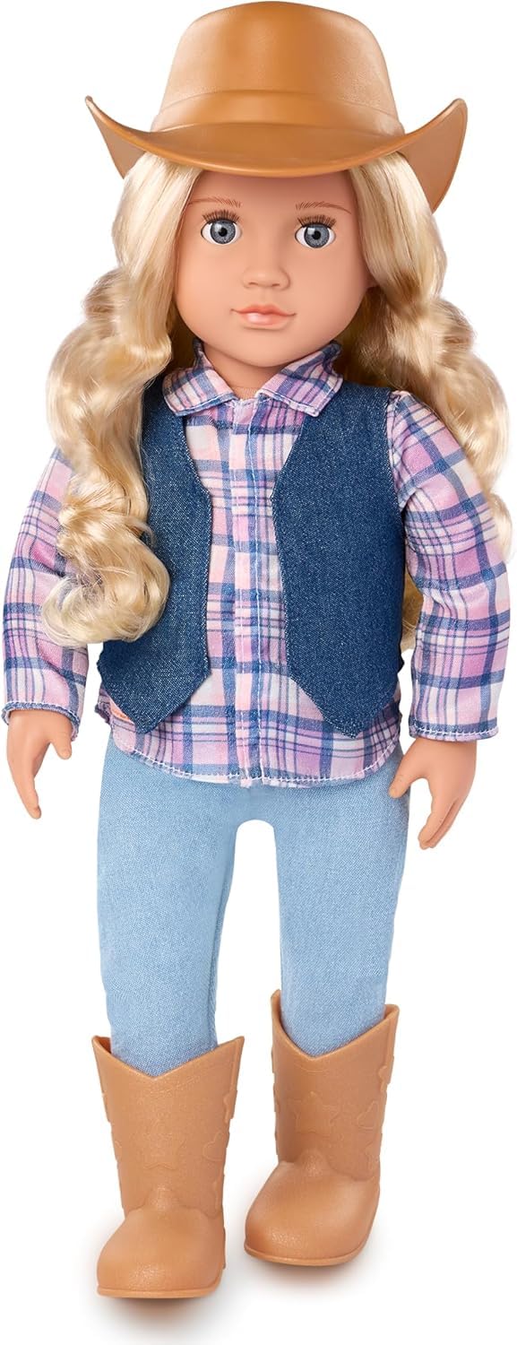 Our Generation - 18-inch Cowgirl Doll - Lifelike Gray Eyes & Wavy Blonde Hair - Cute Plaid and Denim-Style Western Outfit - Cowboy Hat & Horseback