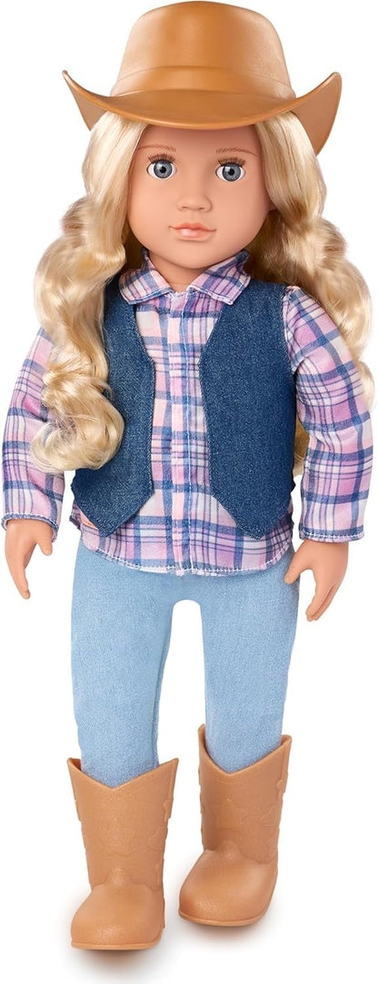 Our Generation - 18-inch Cowgirl Doll - Lifelike Gray Eyes & Wavy Blonde Hair - Cute Plaid and Denim-Style Western Outfit - Cowboy Hat & Horseback