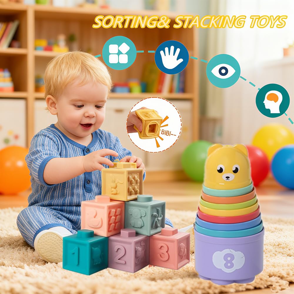 Etyat Baby Toys 6-12 Months, Montessori Toys for 1 Year Old, Silicone Pull String Teether Toy, Stacking Building Blocks Infant Toddler Toy 0-3, Shape