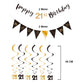 21st Birthday Decoration Kit - Happy 21st Banner Bunting Swirls Streamers, Triangle Flag Banner for Party Decorations - Black and Gold