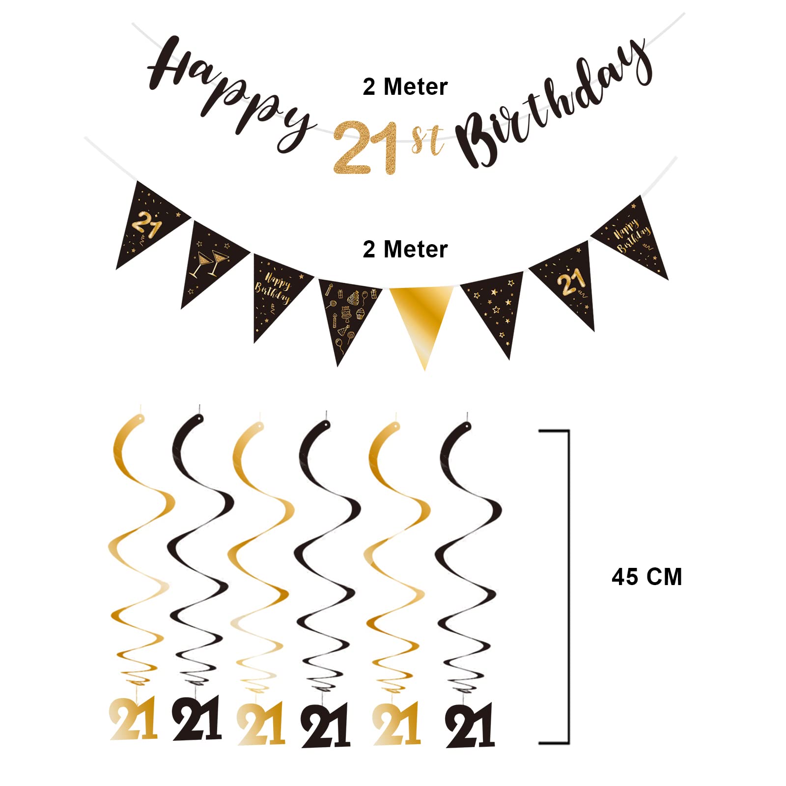 21st Birthday Decoration Kit - Happy 21st Banner Bunting Swirls Streamers, Triangle Flag Banner for Party Decorations - Black and Gold