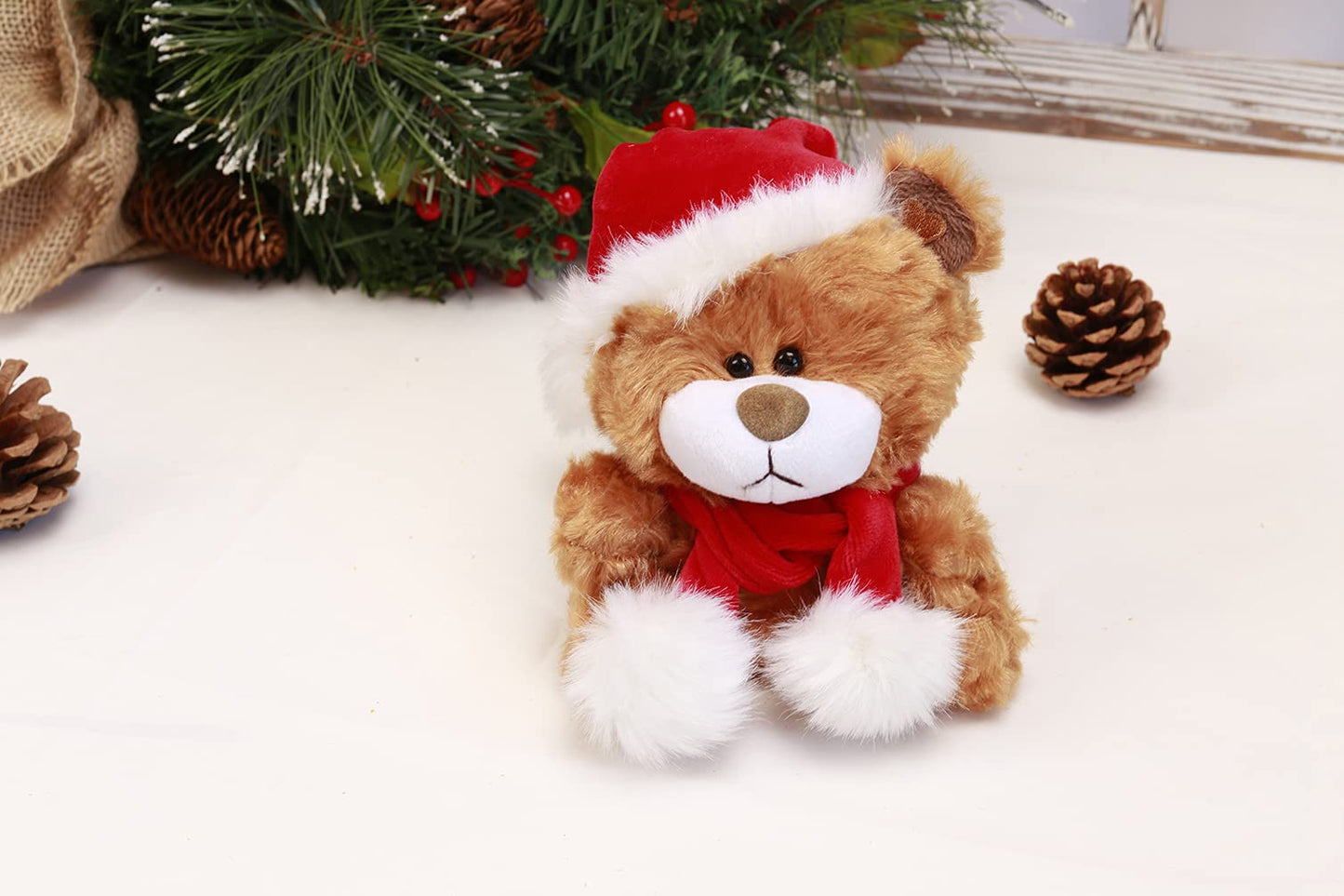 Plushland Adorable Soft and Hairy Santa Teddy Bear, Stuffed Animal -Holiday Toys - Xmas Party Favors for Kids (Christmas Qbeba Bear Brown)