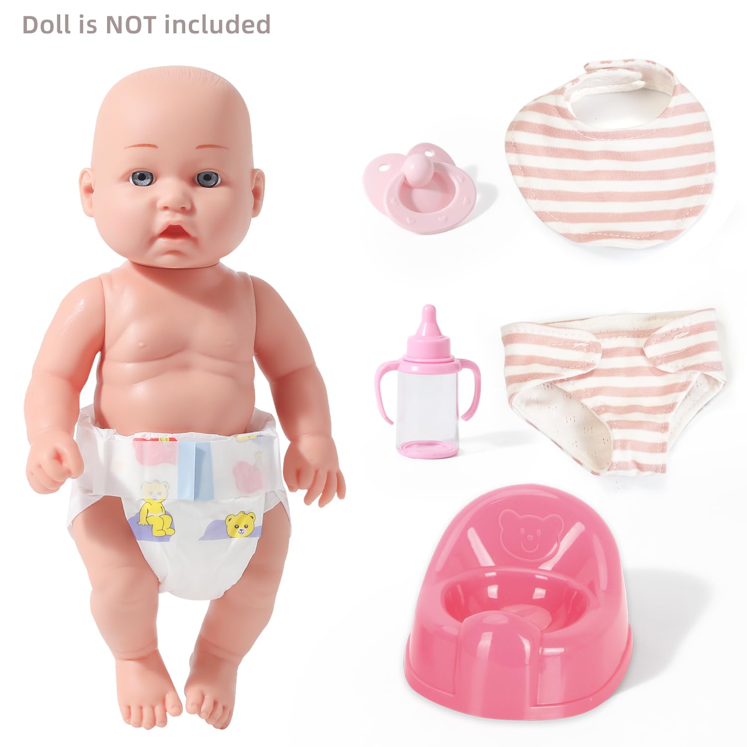 eDollable Realistic Baby Doll Accessories Set Toys for 12 inch Dolls Includes Doll Potty, Bib,Pacifier,Diaper and Feeding Bottle Perfect for Kids