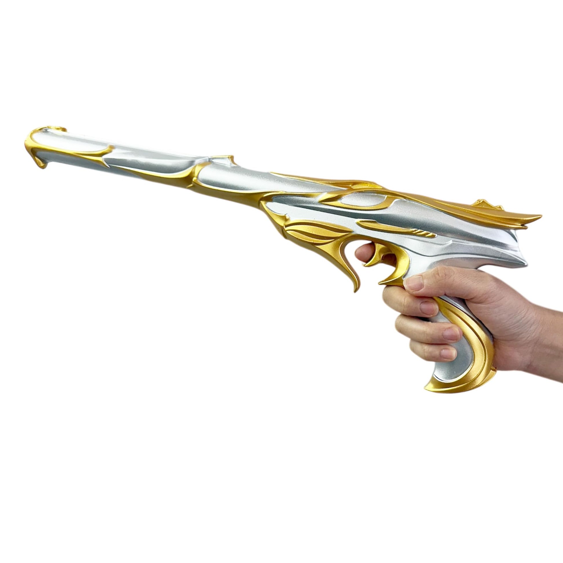 18" Valor-Inspired Sovereign Ghost Foam Gun Replica with Silver & Gold Metallic Finish - Lightweight Cosplay Prop for Halloween & Display