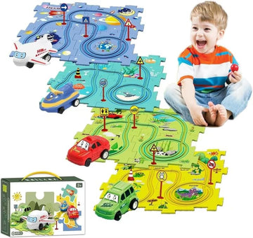 Christmas Stocking Stuffer 4 Sets 4in1 Puzzle Racer Kids Car Track Set,4 Theme Puzzle Racer Car Track Set Puzzle Track Car Play Set Puzzle Raceway Car