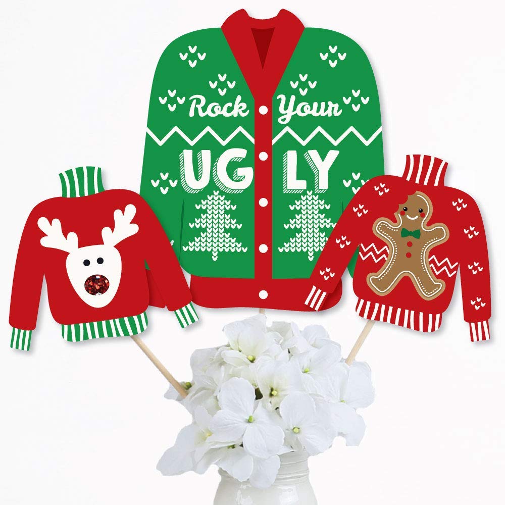 Big Dot of Happiness Ugly Sweater - Holiday and Christmas Party Centerpiece Sticks - Table Toppers - Set of 15