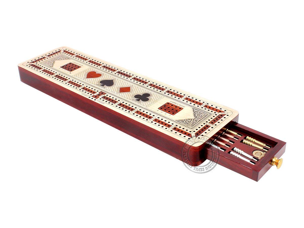House of Cribbage - 3 Track Continuous Cribbage Board Inlaid in Maple Wood/Bloodwood - Size: 12.5 Inch - Wood Inlaid Card Symbols (Suits) + Storage