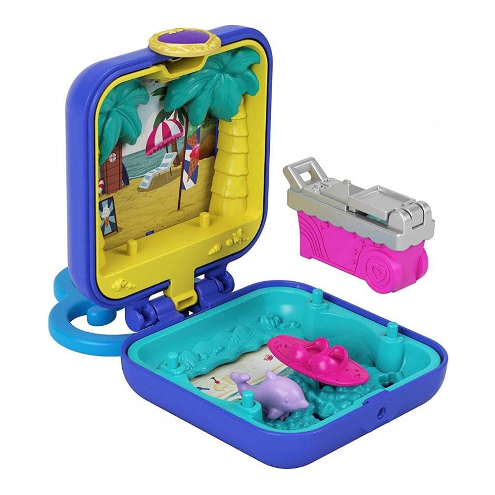 Polly Pocket Shani Tropical Beach Compact with Mobile Ice Cream Cart, Surfboard, Dolphin Figure, Photo Customization, Micro Shani Doll & Sticker