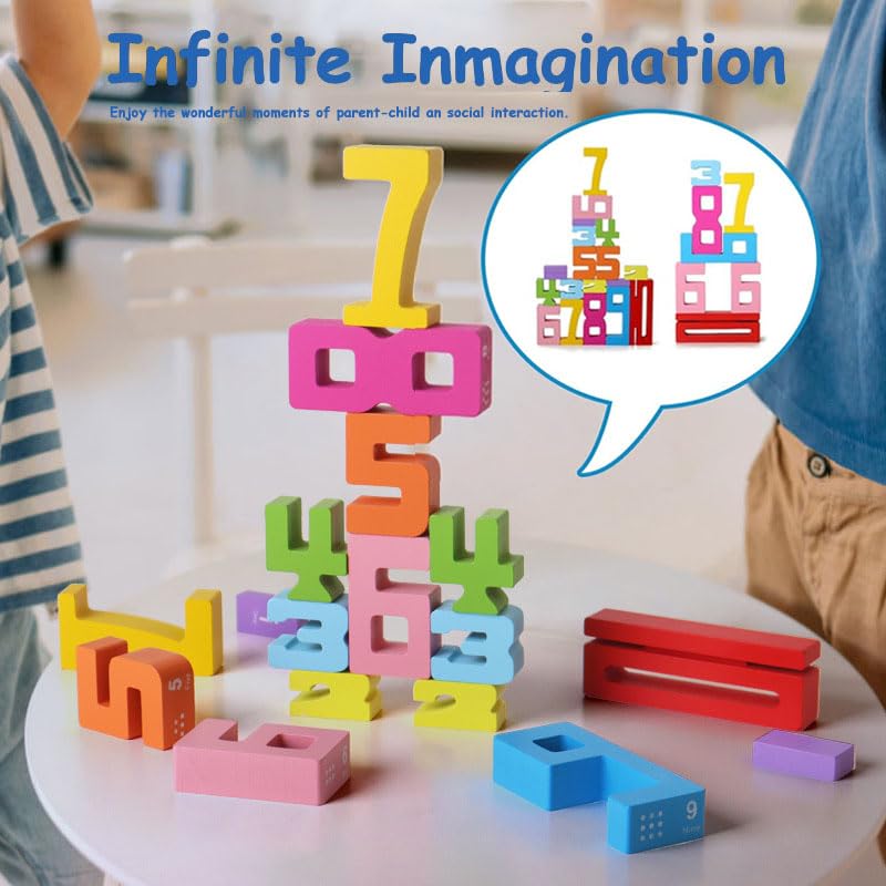 JoyfulPieces 20Pcs Wooden Number Building Blocks,Montessori Number Block Math Learning Toys for Kids,Digital Educational Stacking Counting Toys,Gifts
