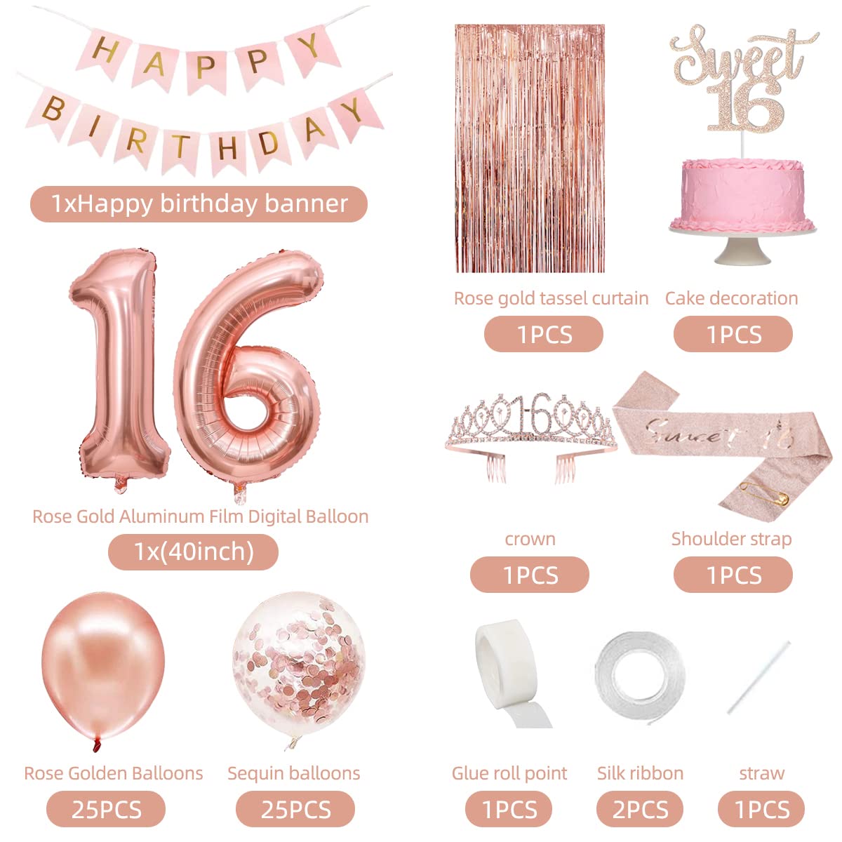 Sweet 16 Party Decorations for Girls, Happy 16th Birthday Banner Cake Topper Balloons Sash and Tiara, Rose Gold 16 Birthday Party Supplies for Girls