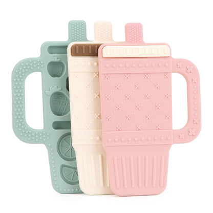Lulyboo Sip & Soothe Silicone Teether 3 Pack - Food-Grade Soft Silicone, Textured Fruit-Shaped Teething Toys with Easy-Grip Handles for Sensory