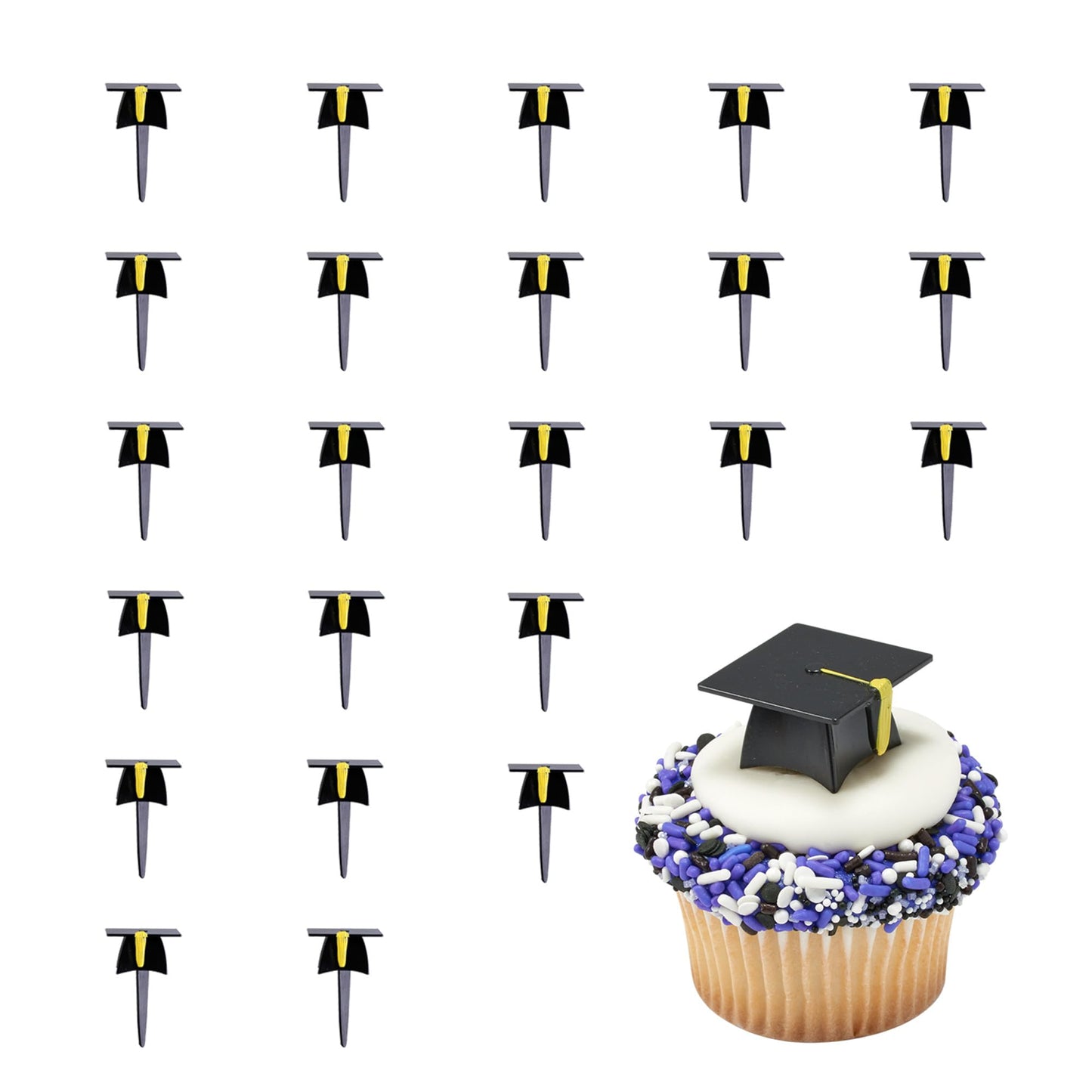 DecoPac Grad Hat Cupcake Toppers, 24 Graduation Cake Pics, Black Grad Hat DecoPics, Food Safe Cake Decorations - 24 Pack