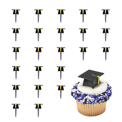 DecoPac Grad Hat Cupcake Toppers, 24 Graduation Cake Pics, Black Grad Hat DecoPics, Food Safe Cake Decorations - 24 Pack
