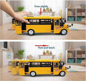 9" Yellow Bus Model for Teaching Supplies?Large Pull Back Alloy Diecast Metal Bus Model with Openable Doors and Get on/Off Sound for Gift,Cake
